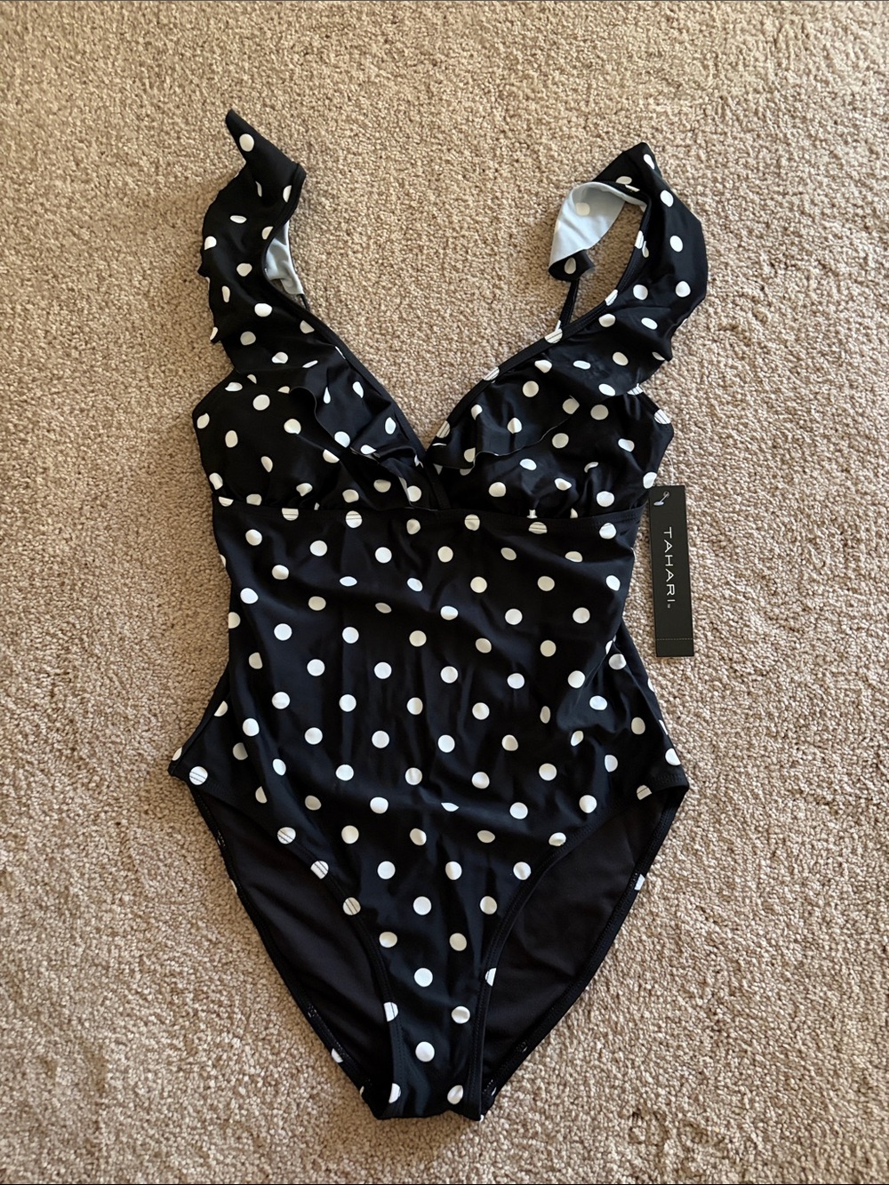 Tahari Black and White Polka Dot One-Piece Swimsuit NWT $124 size L